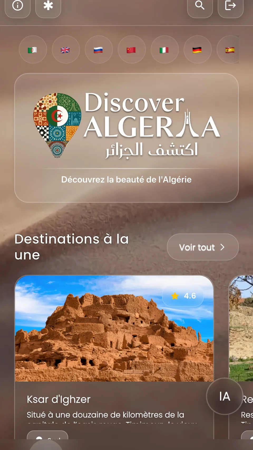 Accueil de Discover Algeria : choix de la langue et destinations à la une