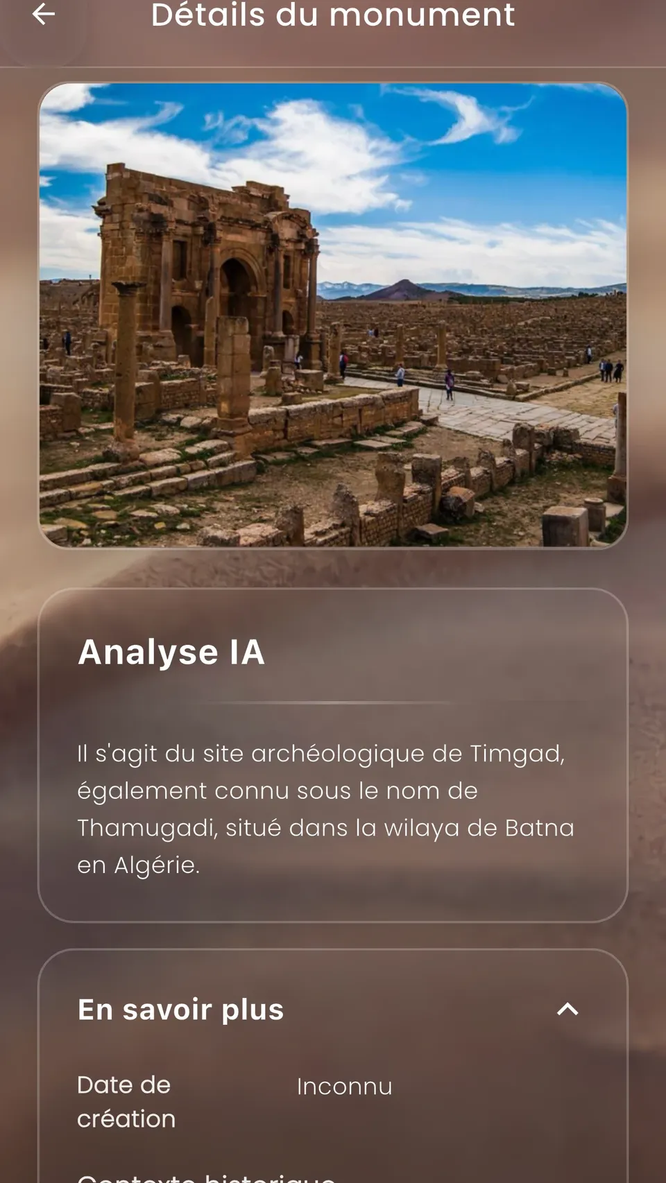 Analyse IA d'un monument : identification du site archéologique de Timgad et de son contexte historique